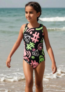 Arena Girls Fancy Swimsuit - Black / Green / Pink