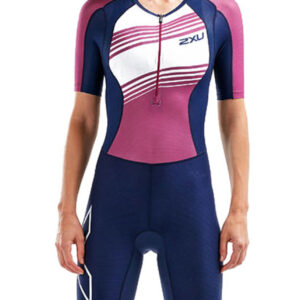 2XU Women's Compression Sleeved Trisuit - Navy/Very Berry Lines-0