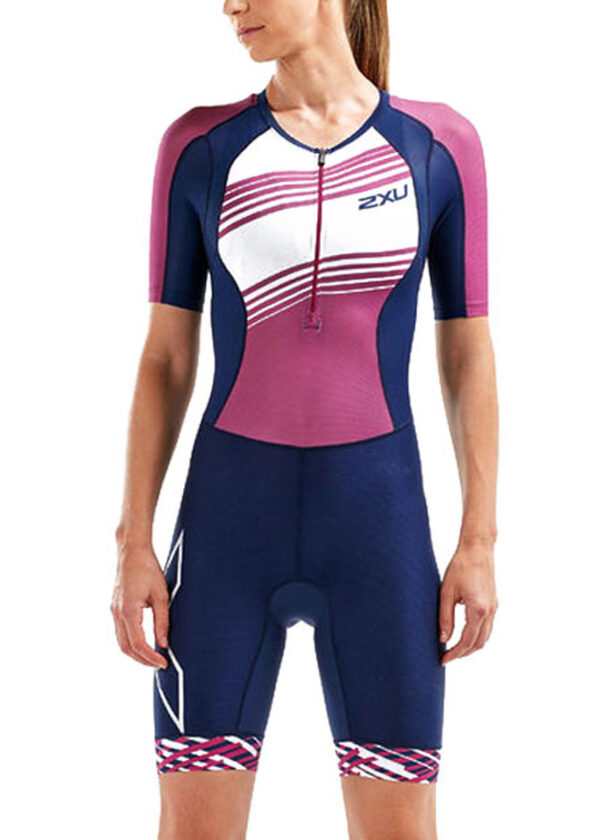 2XU Women's Compression Sleeved Trisuit - Navy/Very Berry Lines-0