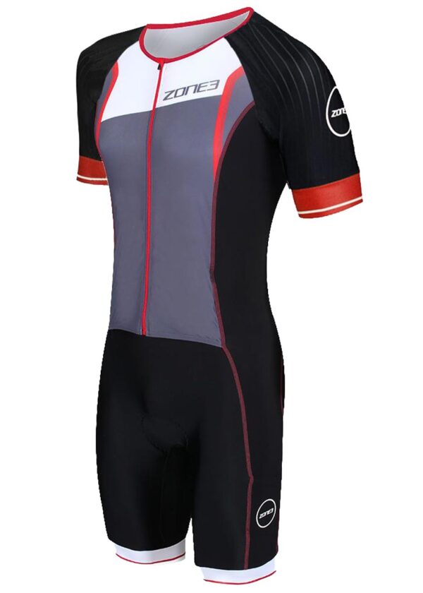 Zone3 Men's Lava Long Distance Full Zip Short Sleeve Tri suit - Black / White / Red-0