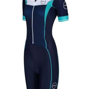 Zone3 Women's Lava Long Distance Full Zip Short Sleeve Tri suit - Navy / White / Teal-0