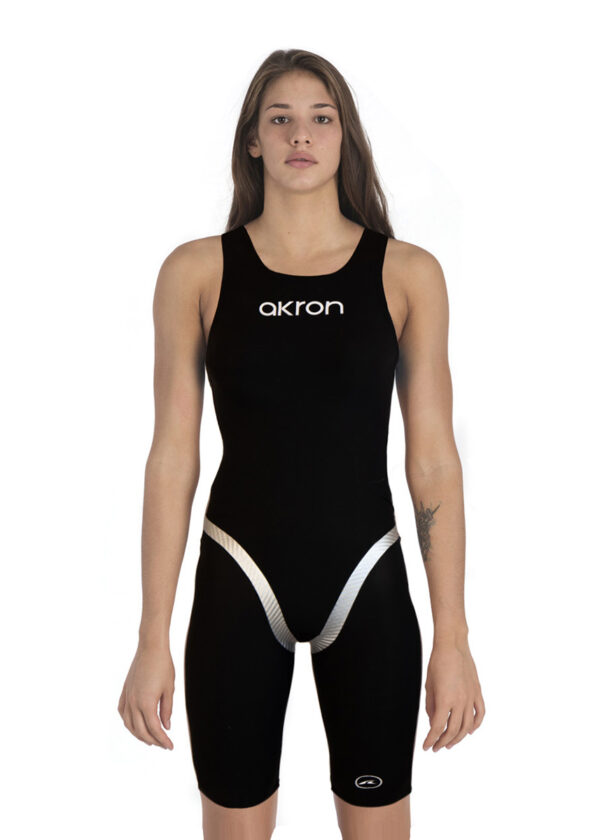 Front view of lady wearing Akron Womens Ultraskin Limited Edition Openback Kneesuit - Black