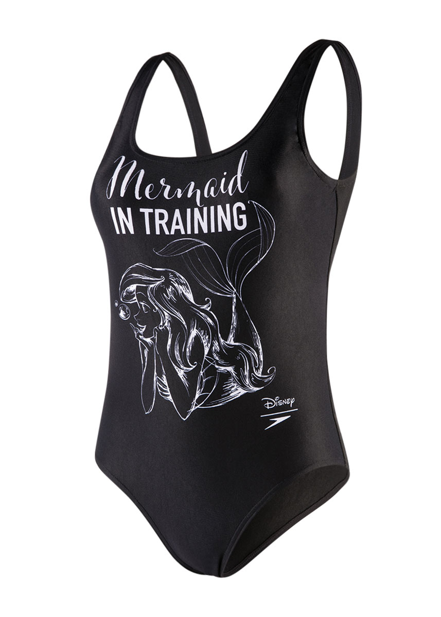 Speedo Womens Little Mermaid Slogan U Back Swimsuit- Black / White-427245