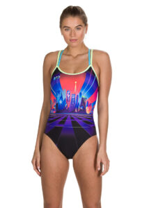 Speedo Neon Fan Placement Double Crossback Swimsuit- Black/ Aquasplash/ Red