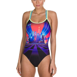 Speedo Neon Fan Placement Double Crossback Swimsuit- Black/ Aquasplash/ Red-0