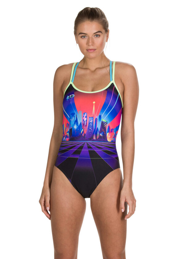 Speedo Neon Fan Placement Double Crossback Swimsuit- Black/ Aquasplash/ Red-0