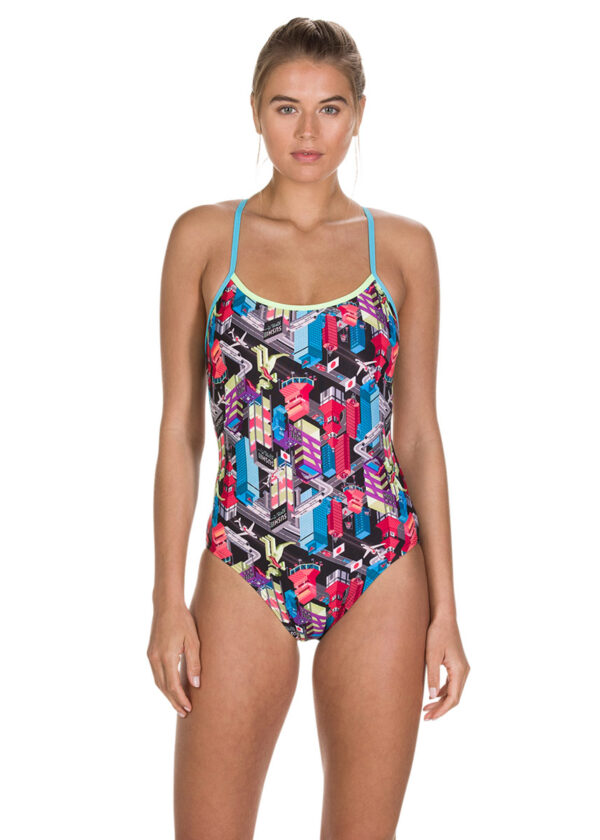 Speedo Girls Dragon Yang Crossback 1 Piece Swimsuit- Black/Aquasplash/Red-0