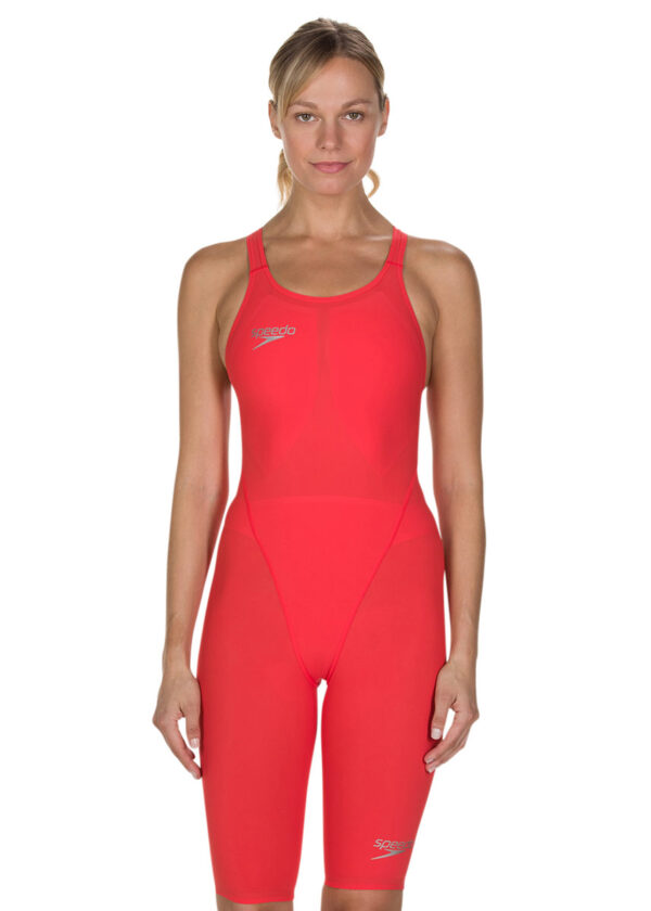 Speedo Women's Fastskin LZR Racer Element Openback Kneeskin- Lava Red/ Silver-0