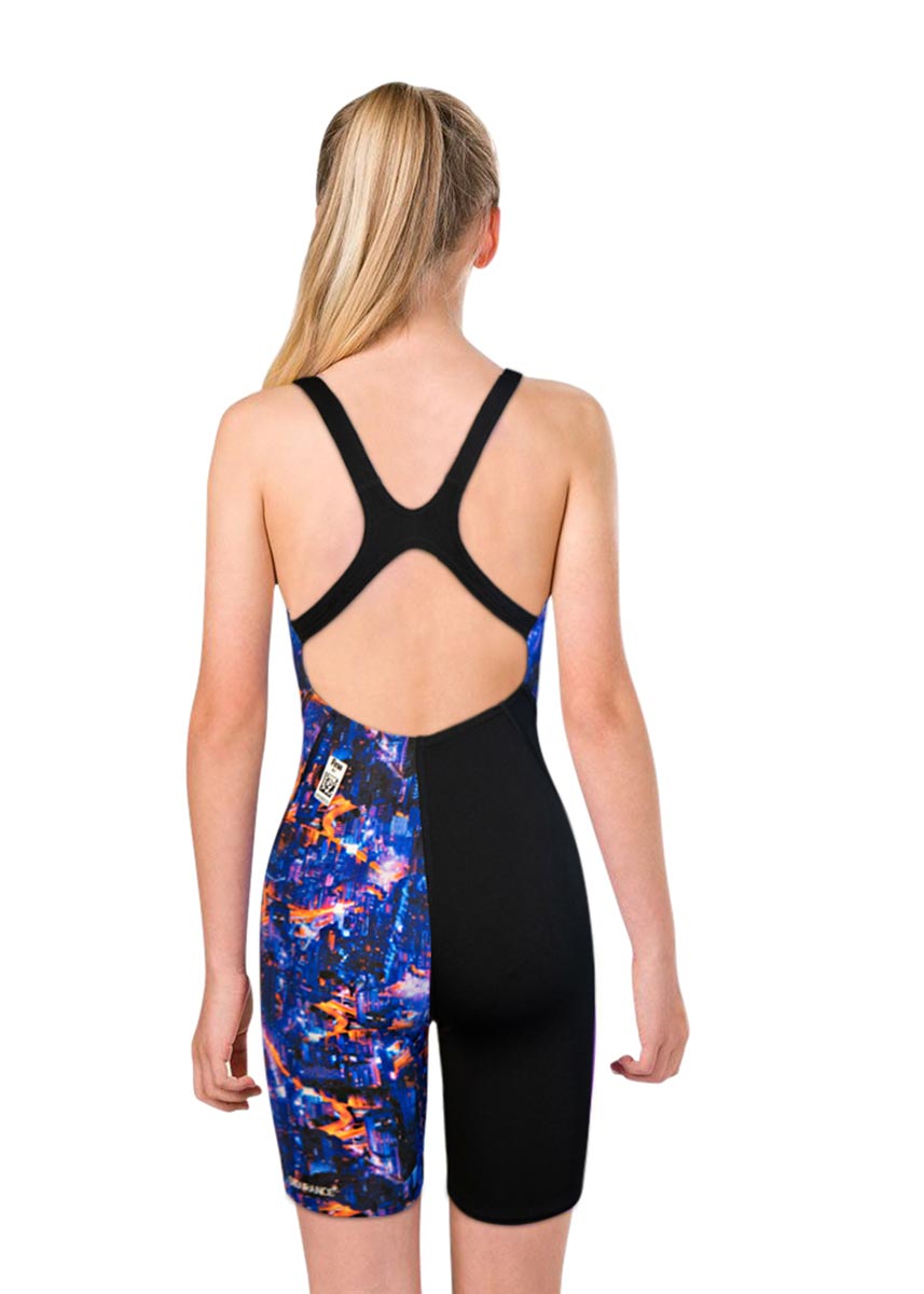 Speedo Junior Girl's Fastskin Endurance+ Openback Kneeskin - Black/ Blue / Kanji Lights