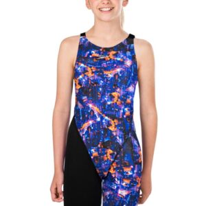 Speedo Junior Girl's Fastskin Endurance+ Openback Kneeskin - Black/ Blue / Kanji Lights