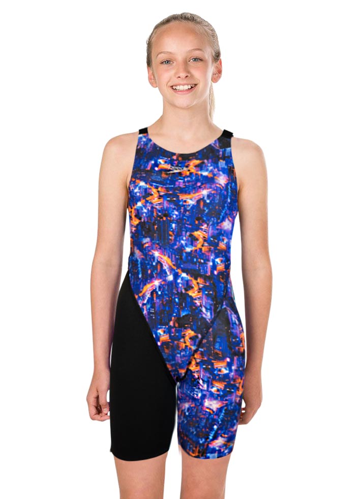 Speedo Junior Girl's Fastskin Endurance+ Openback Kneeskin - Black/ Blue / Kanji Lights