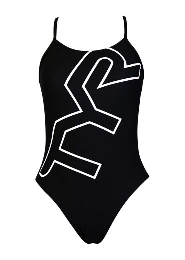 TYR Girl's Big Logo Cut Out Fit Training Swimsuit - Black / White