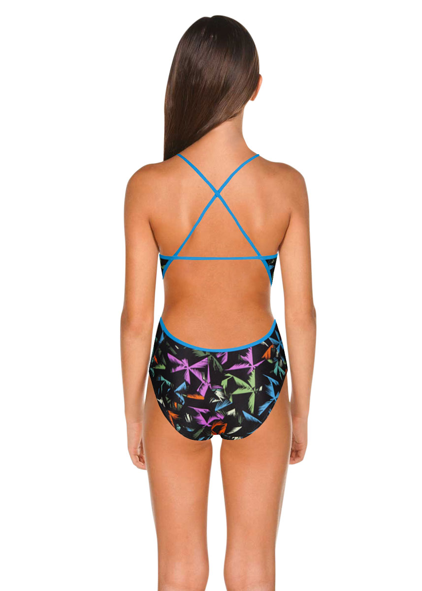 Arena Girls Multicolour Palms Accelerate Back Swimsuit - Turquoise / Multi-brand