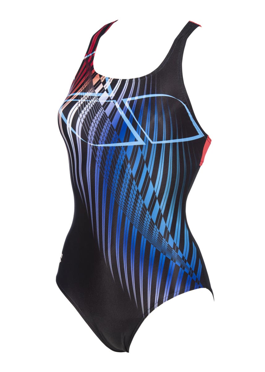Arena Womens Optical Waves Swimsuit - Black / Fluo Red-533989