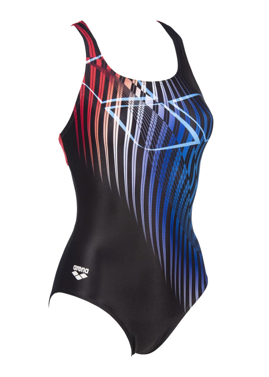 Arena Womens Optical Waves Swimsuit - Black / Fluo Red-533990