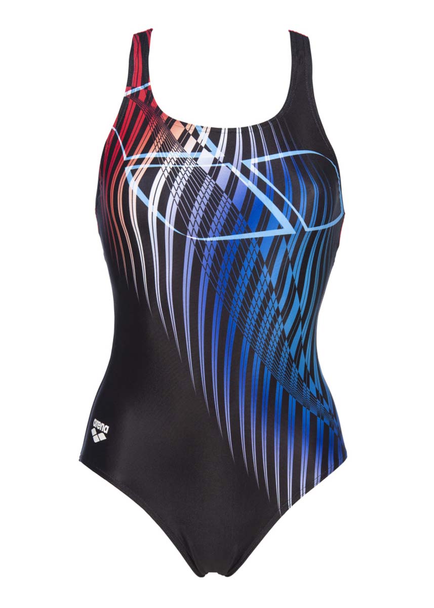 Arena Womens Optical Waves Swimsuit - Black / Fluo Red-533992