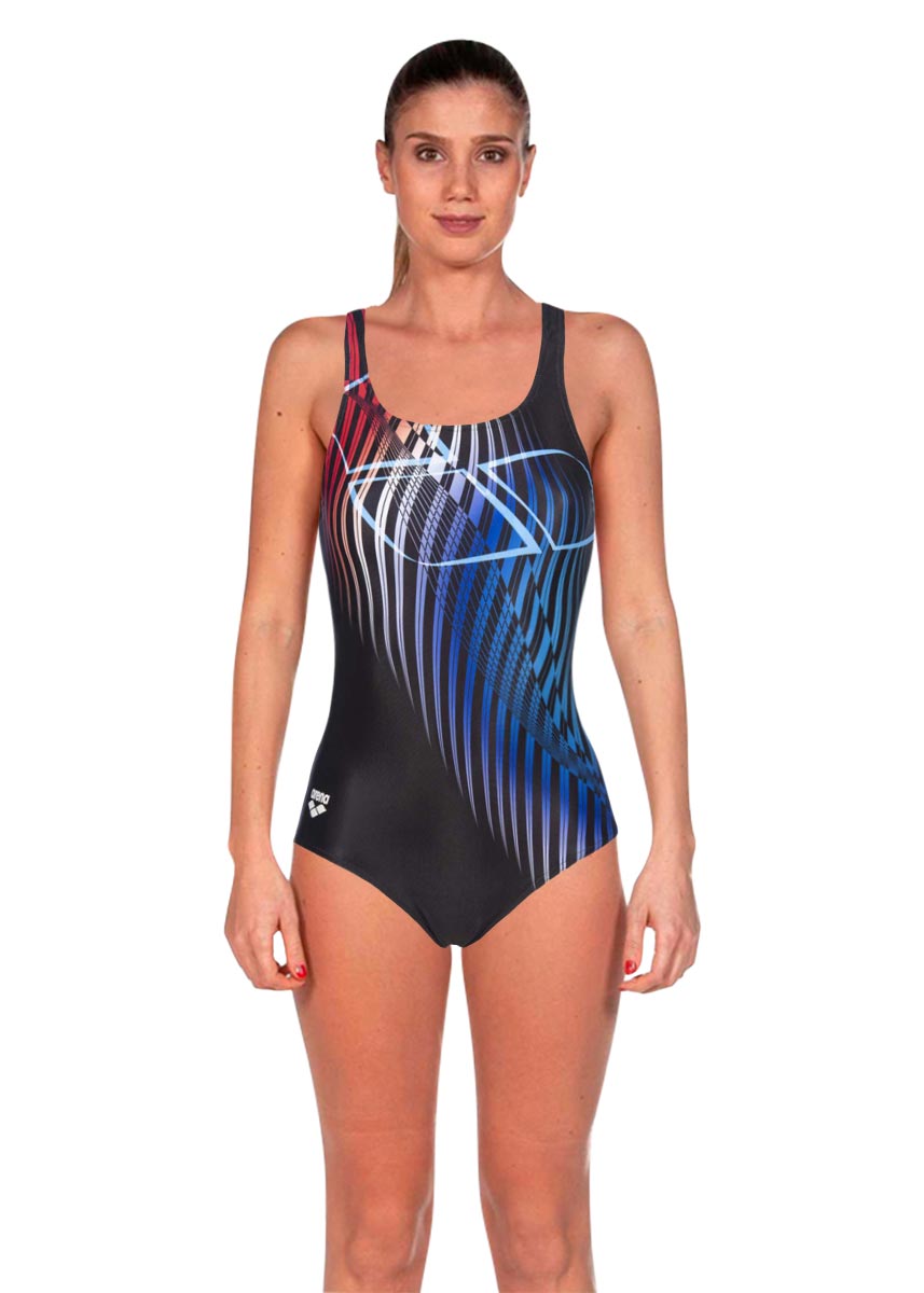 Arena Womens Optical Waves Swimsuit - Black / Fluo Red-0