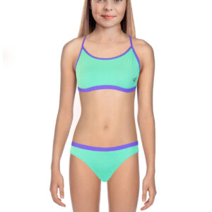 Speedo Girl's Solid Tie-Back Swim Bikini Top - Green Glow / Ultra Violet-0