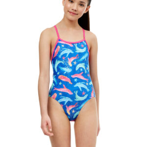 Maru Girl's Sealed with a Kiss Ecotech Sparkle Fly Back Swimsuit - Blue-0