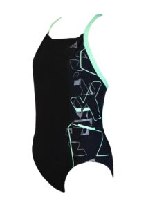 Adidas Girls Tech Range Motion Graphic Swimsuit - Black / Green Glow
