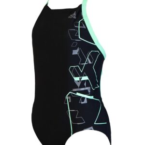 Adidas Girls Tech Range Motion Graphic Swimsuit - Black / Green Glow-0