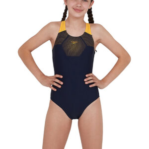 Speedo Girl's Tech Placement Muscleback Swimsuit - True Navy / Mango-0