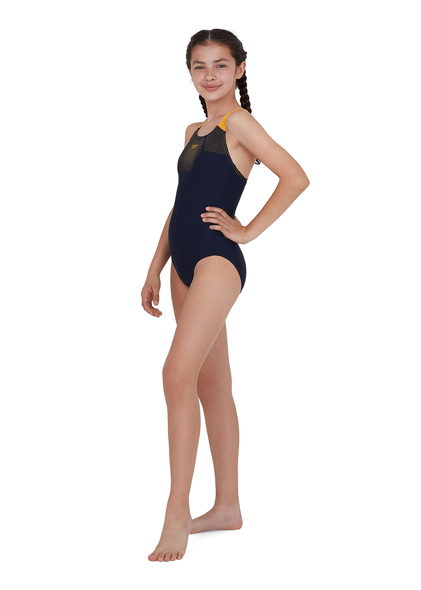 Speedo Girl's Tech Placement Muscleback Swimsuit - True Navy / Mango-537238