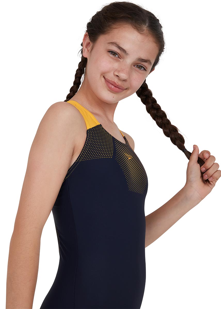 Speedo Girl's Tech Placement Muscleback Swimsuit - True Navy / Mango-537241