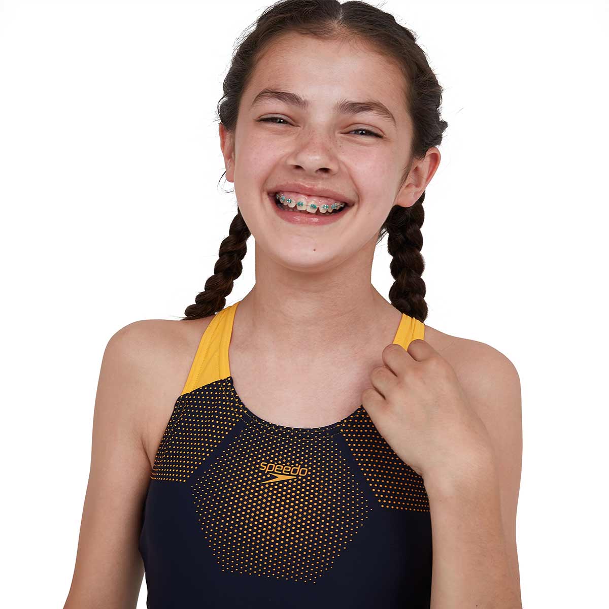 Speedo Girl's Tech Placement Muscleback Swimsuit - True Navy / Mango-537239