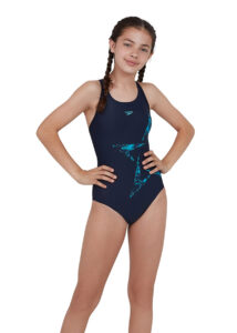 Speedo Girl's  Boomstar Placement Flyback Swimsuit  - Navy / Pool