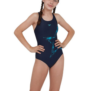 Speedo Girl's Boomstar Placement Flyback Swimsuit - Navy / Pool-0