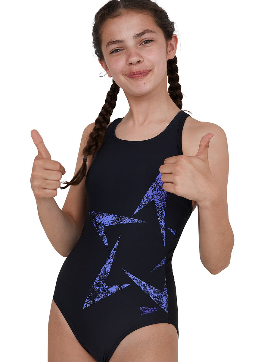 Speedo Girl's Boomstar Placement Flyback Swimsuit - Black / Ultraviolet-537387