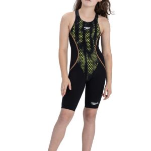 Speedo Girl's Fastskin Junior LZR Racer X Openback Kneesuit - Black / Fluo Yellow-0