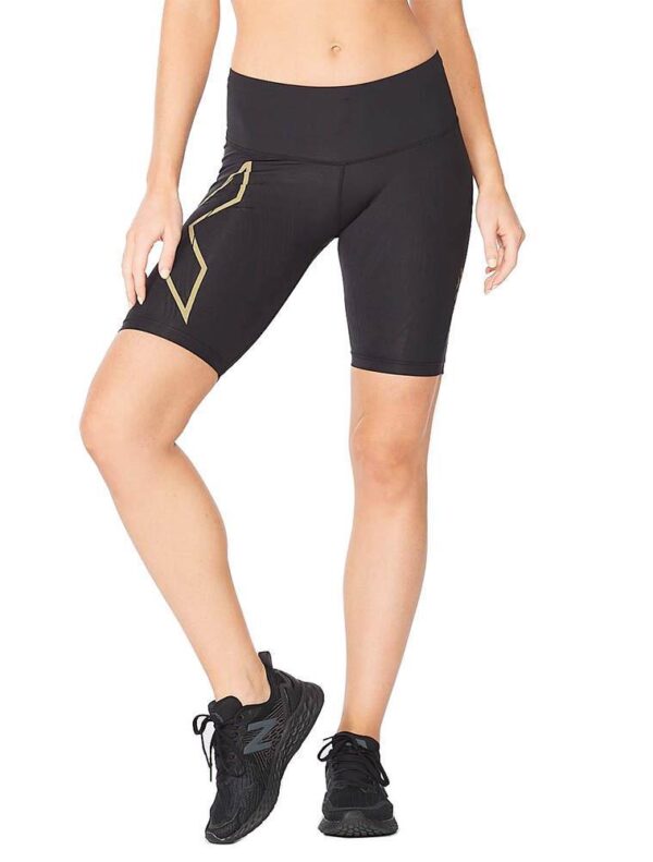 2XU Women's Light Speed Mid-Rise Compression Shorts - Black / Gold Reflective-0