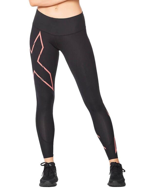 2XU Women's Light Speed Mid-Rise Compression Tights - Black / Cranberry Reflective-0