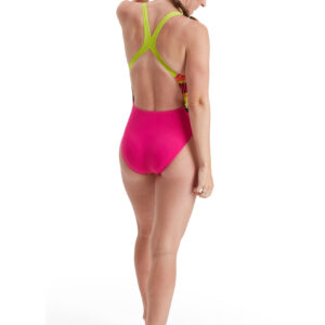 Speedo Women’s Placement Powerback Swimsuit – Pink/ Lime/ Salso/ Black