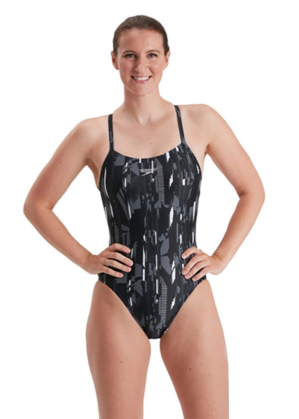 Speedo Allover Rippleback Swimsuit - Black/ Charcoal/ White