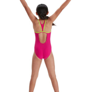 Speedo Girl’s Boom Logo Placement Flyback Swimsuit – Electric Pink/ Atomic Lime