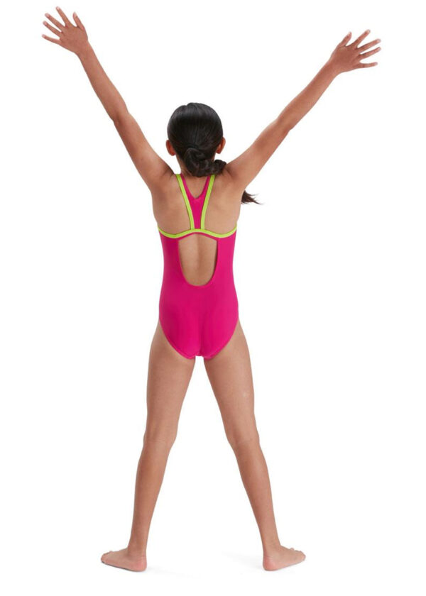 Speedo Girl’s Boom Logo Placement Flyback Swimsuit – Electric Pink/ Atomic Lime