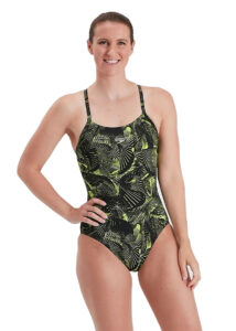 Speedo Womens Allover Fixed Crossback Swimsuit - Black/ Atomic Lime