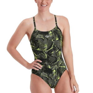 Speedo Allover Fixed Crossback Swimsuit - Black/ Atomic Lime