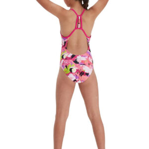 Speedo Girl’s Punk Floral Lane Line Back Swimsuit – Pink/ White/ Black/ Lime