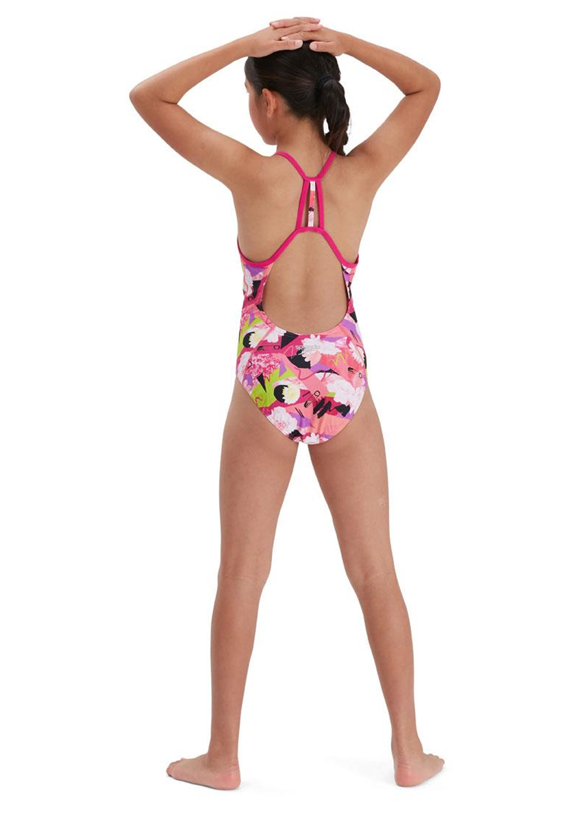 Speedo Girl's Punk Floral Lane Line Back Swimsuit - Pink/ White/ Black/ Lime-brand