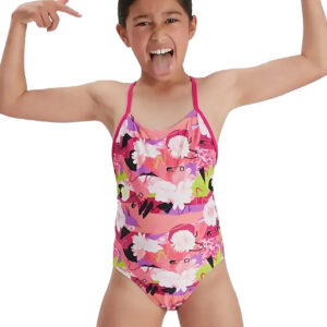 Speedo Girl's Punk Floral Lane Line Back Swimsuit - Pink/ White/ Black/ Lime