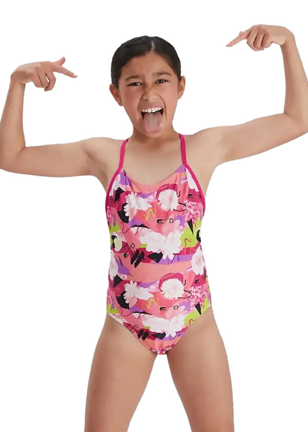 Speedo Girl's Punk Floral Lane Line Back Swimsuit - Pink/ White/ Black/ Lime