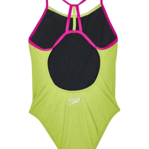 Speedo Girl’s Solid Lane Line Back Swimsuit – Atomic Lime/ Electric Pink