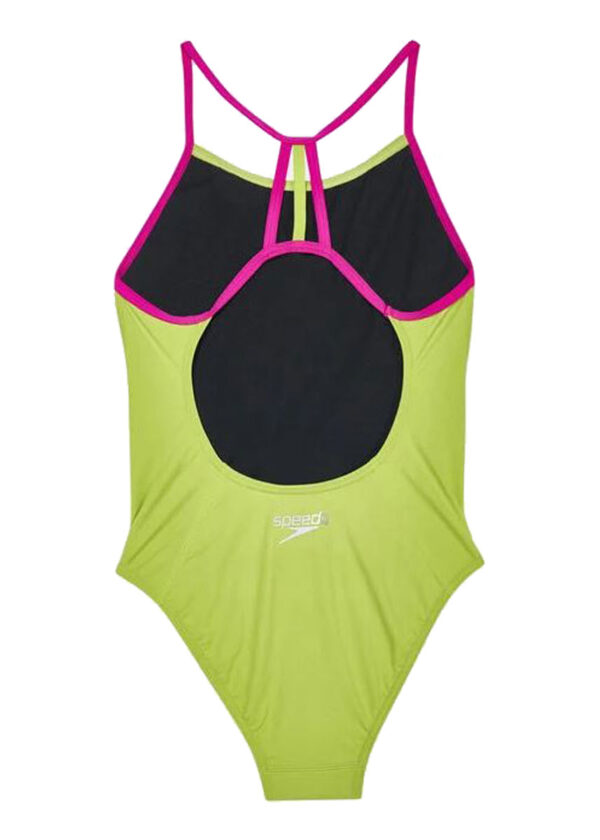 Speedo Girl’s Solid Lane Line Back Swimsuit – Atomic Lime/ Electric Pink