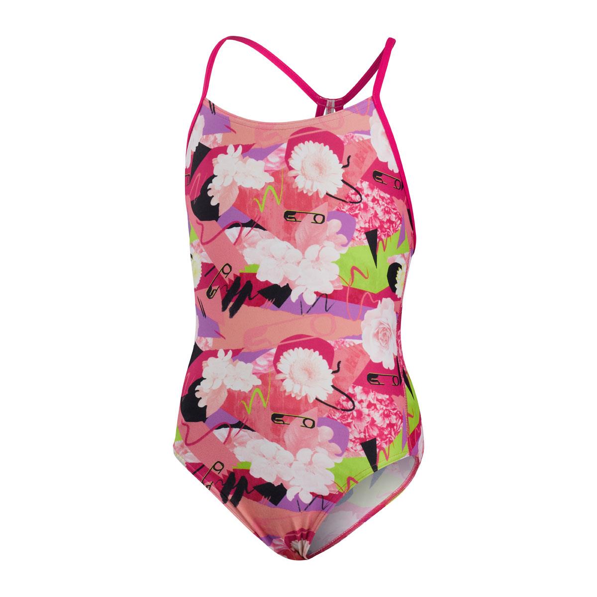 Speedo Girl's Punk Floral Lane Line Back Swimsuit - Pink/ White/ Black/ Lime-560034
