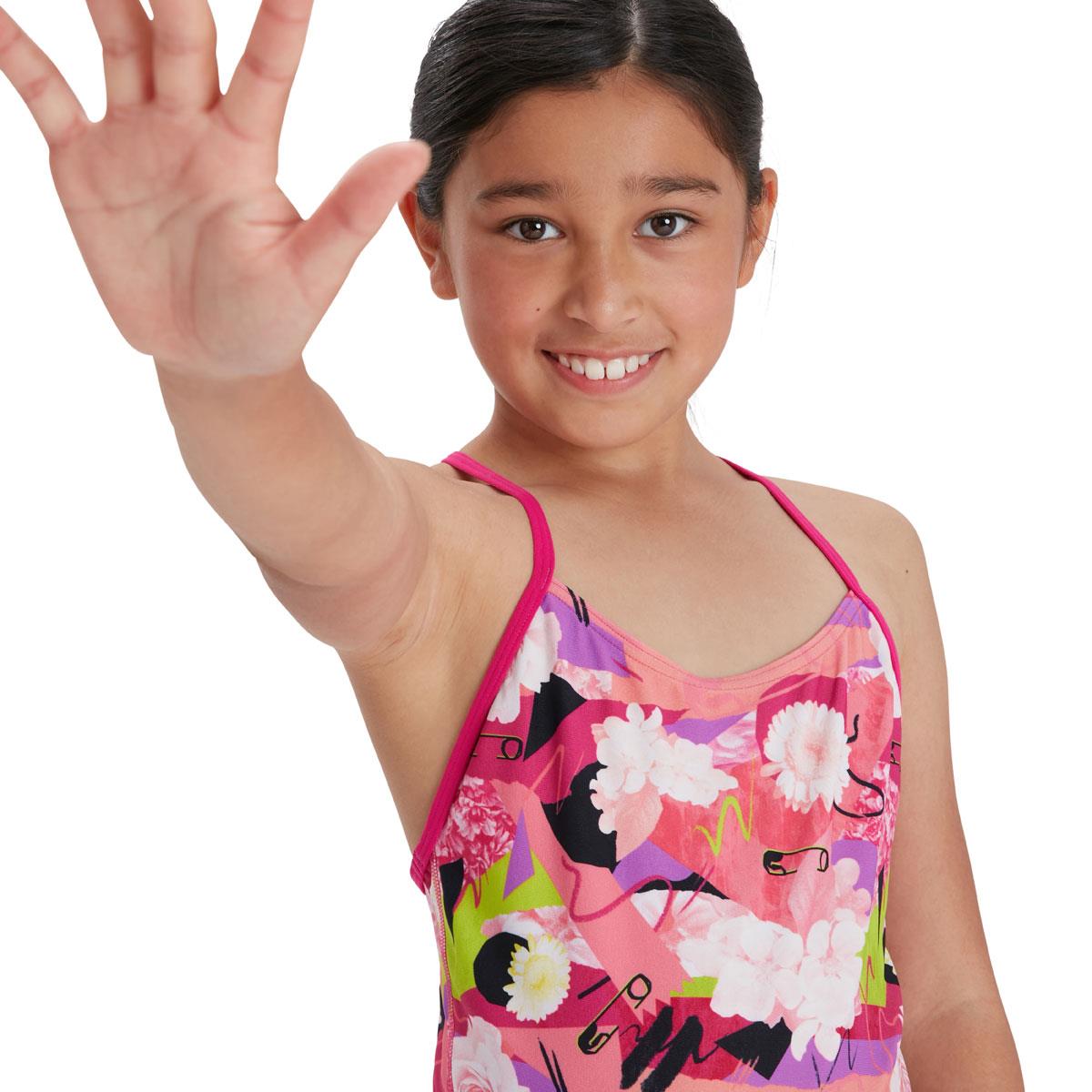 Speedo Girl's Punk Floral Lane Line Back Swimsuit - Pink/ White/ Black/ Lime-560030