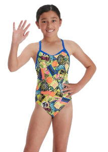 Speedo Girl's Comic Chaos Allover Vback Swimsuit - Green/ Lime/ Blue